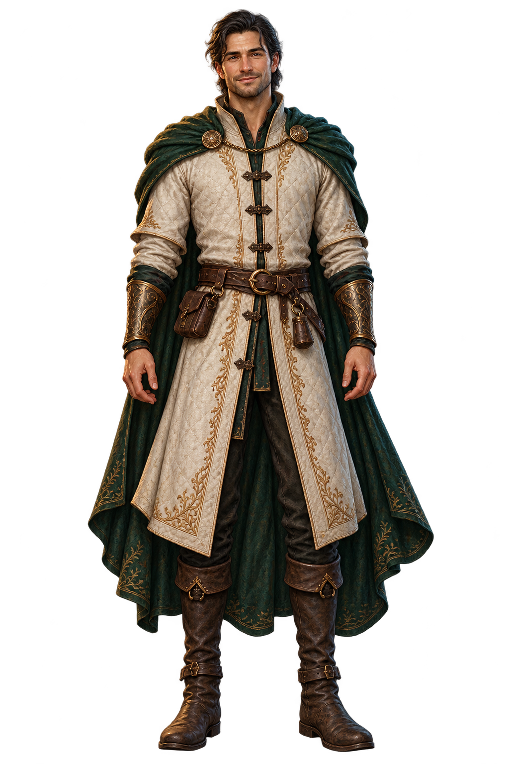 Male adventurer wearing an ivory coat, emerald cape and leather boots